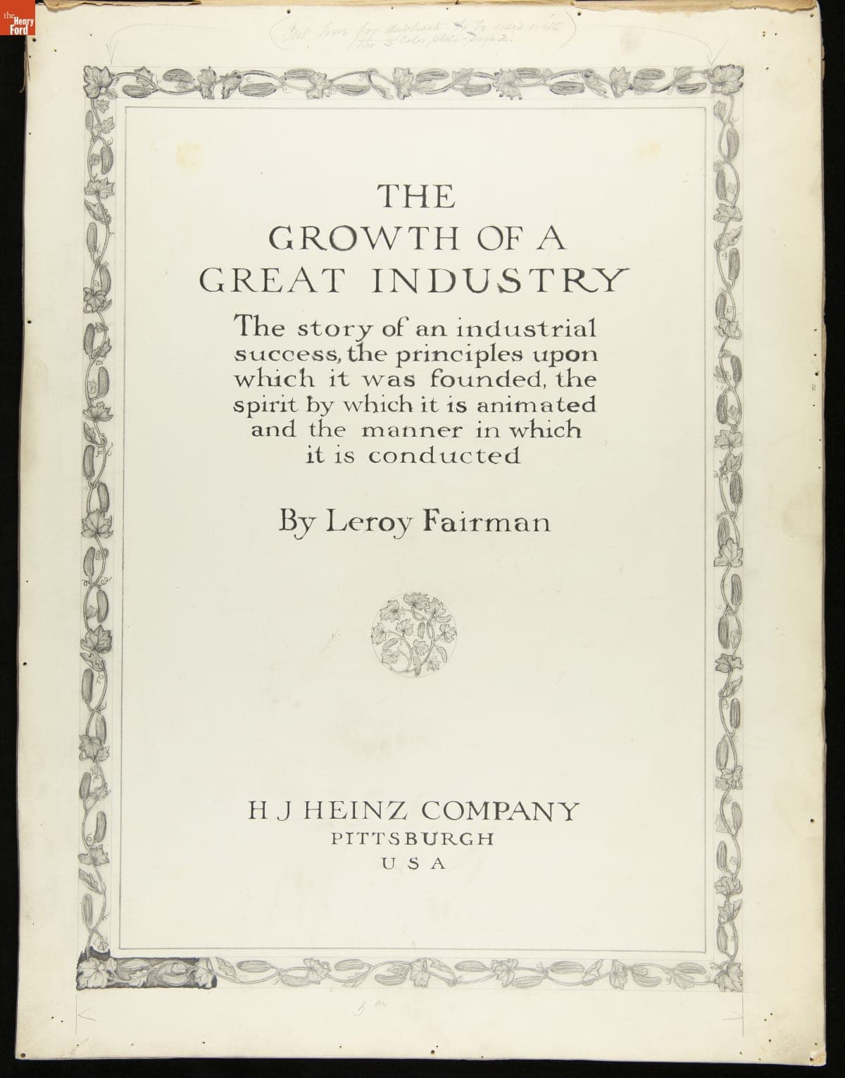 Title Page Layout for "The Growth of a Great Industry," by Leroy Fairman, circa 1910