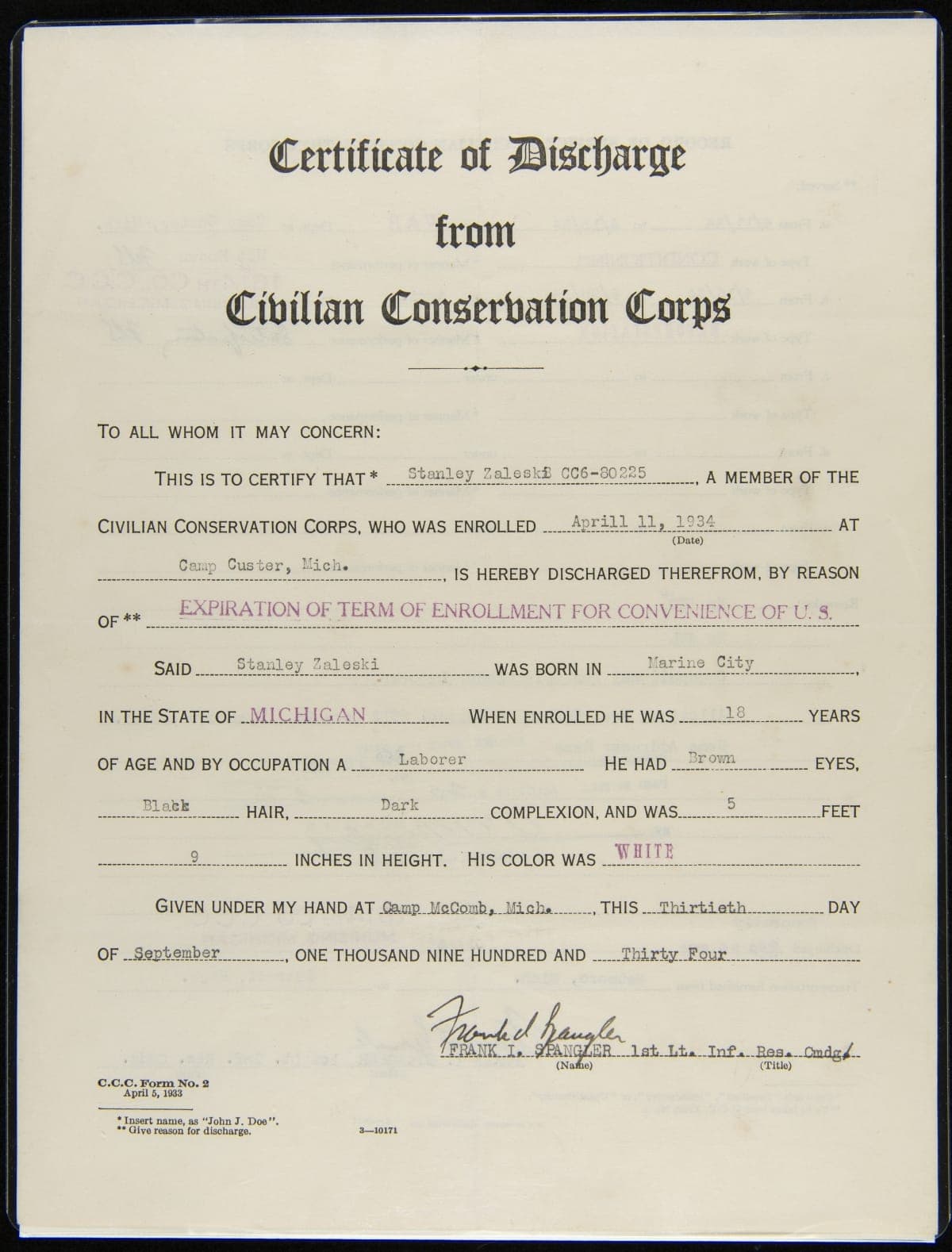 Certificate of Discharge from Civilian Conservation Corps, September 30, 1934