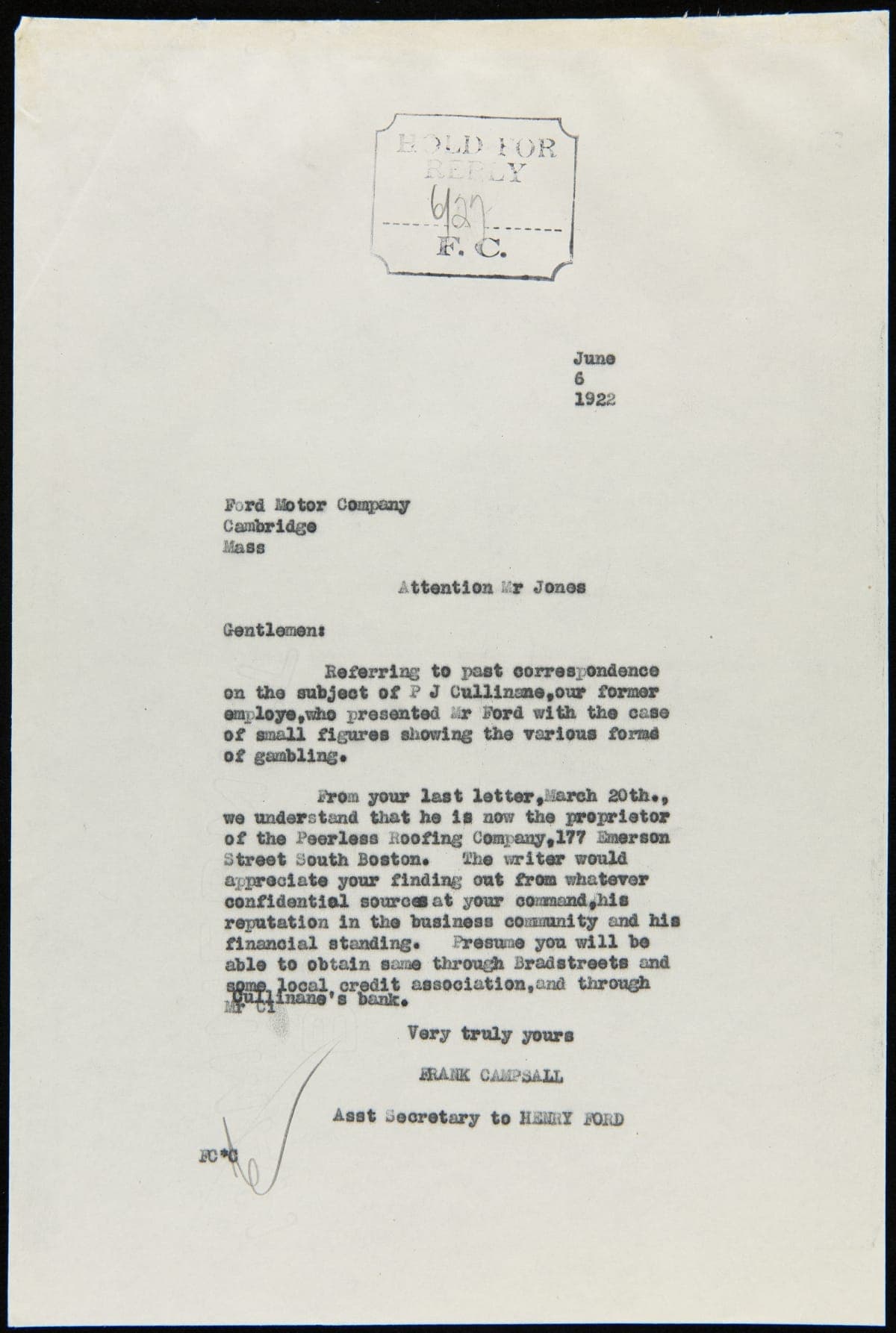 Ford Motor Company Correspondence regarding P.J. Culhane and His Monkey Bar Diorama, June 1922-September 1922