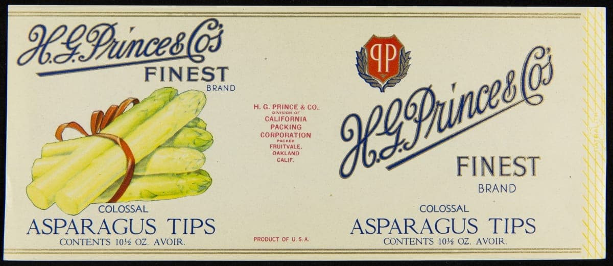 Can Label, "H. G. Prince & Co.'s Brand Asparagus," circa 1920