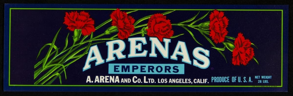 Crate Label, "Arenas Brand Emperor Grapes," circa 1950