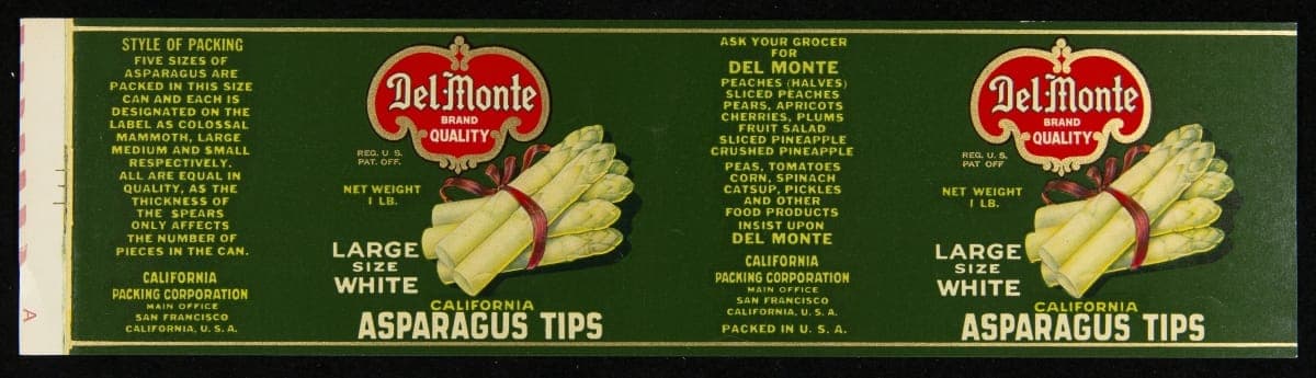 Can Label, "Del Monte Brand Asparagus," circa 1926