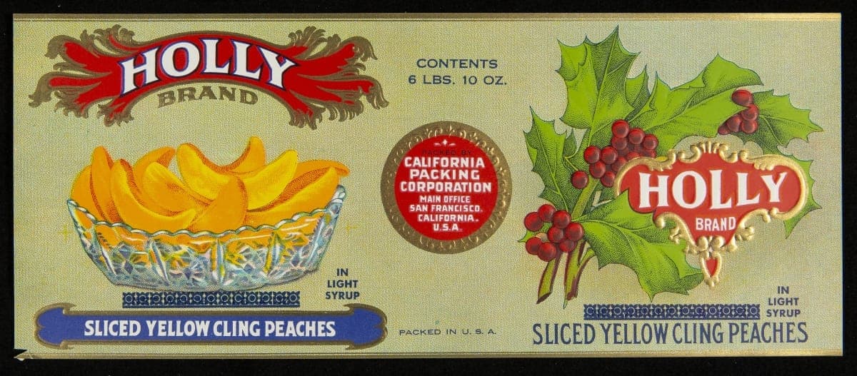 Can Label, "Holly Brand Sliced Yellow Cling Peaches," 1920-1940