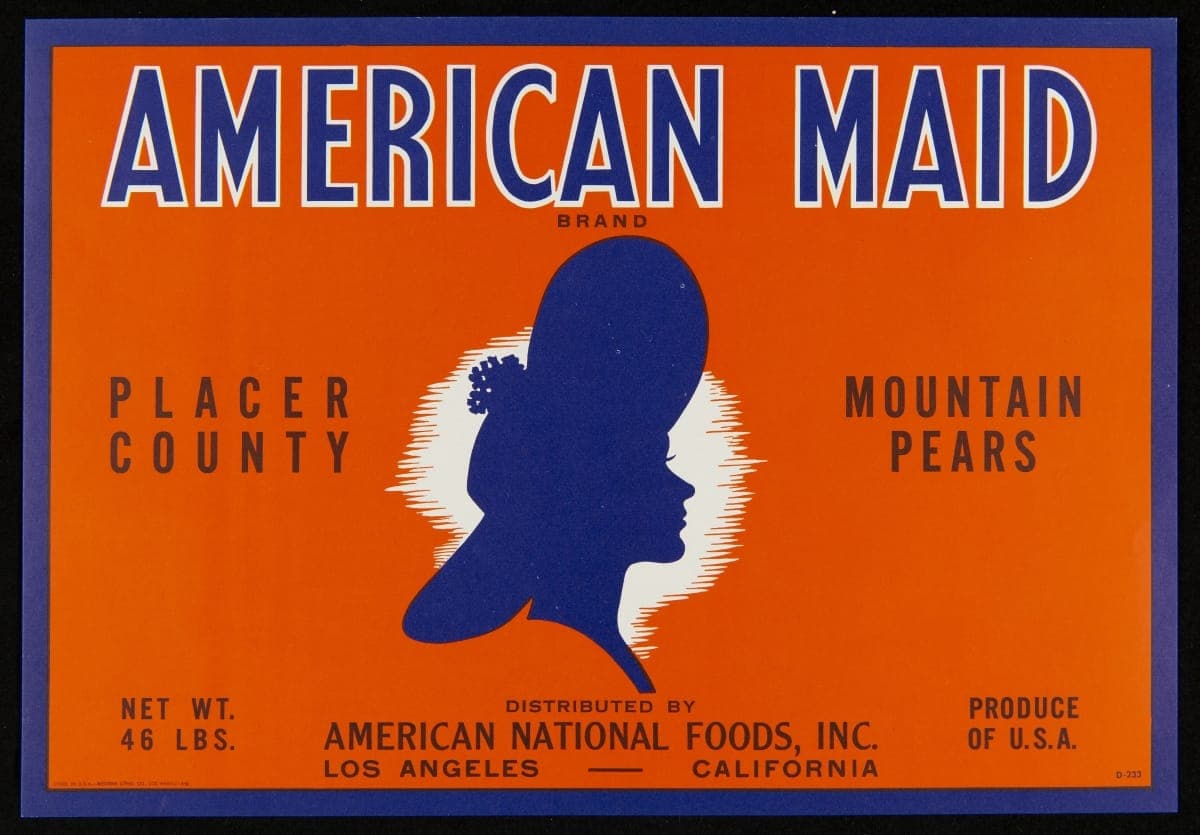 Crate Label, "American Maid Brand Placer County Mountain Pears," circa 1950