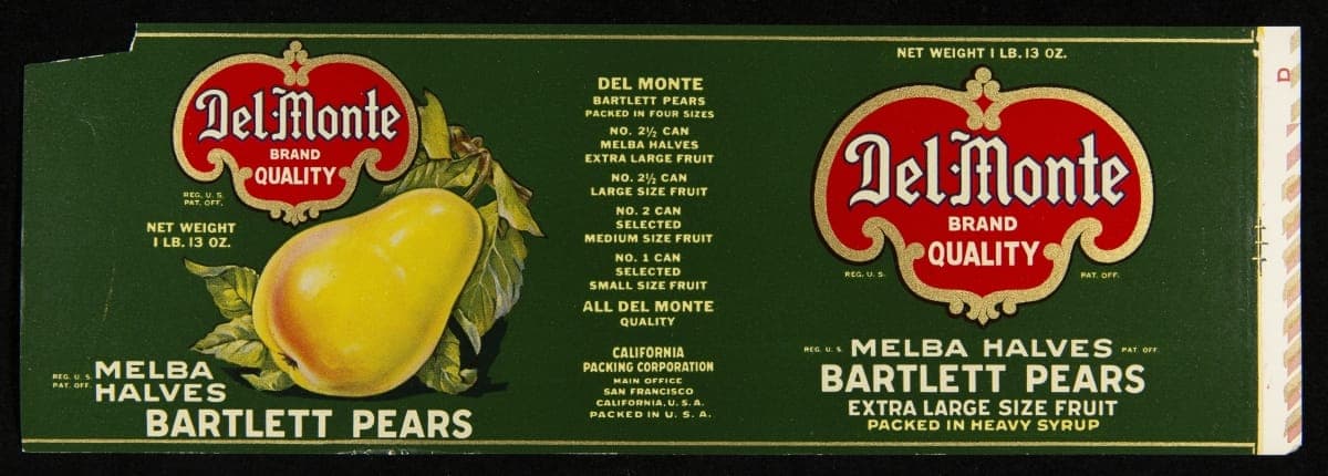 Can Label, "Del Monte Brand Melba Halves Bartlett Pears," circa 1930