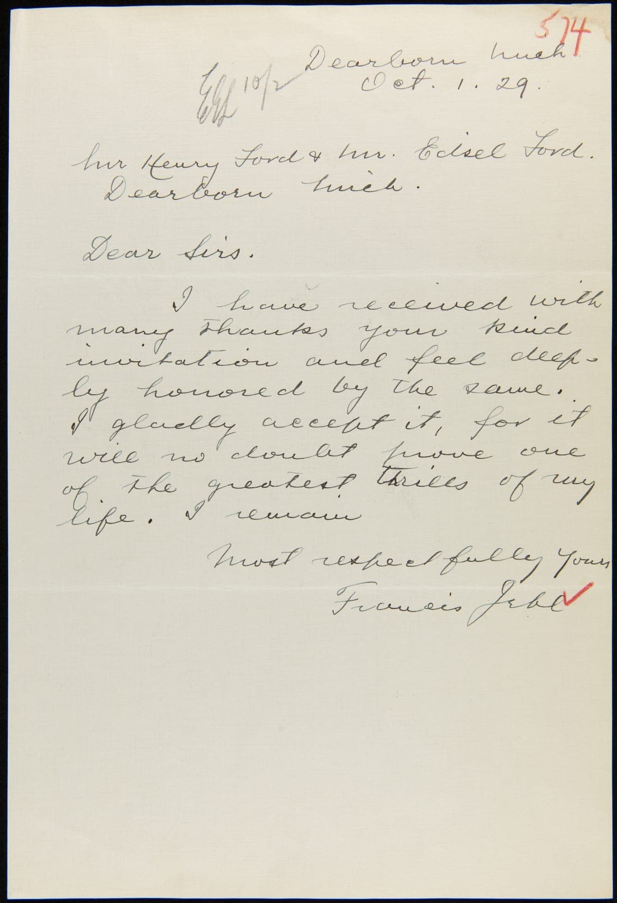 Letter from Francis Jehl to Henry Ford and Edsel Ford regarding Invitation to Light's Golden Jubilee, October 1, 1929