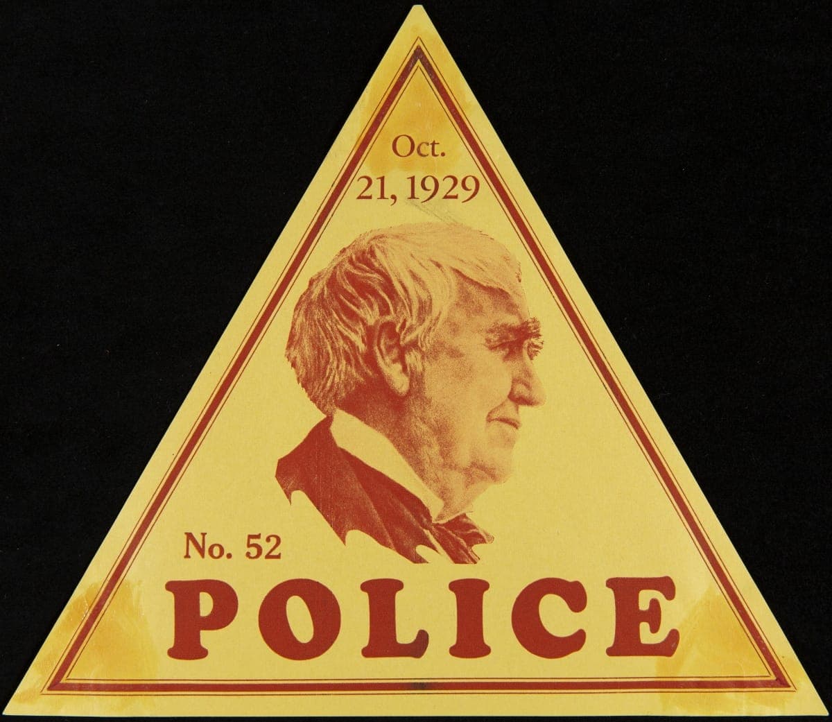 No. 52 Automobile Window Sign for Police at Light's Golden Jubilee, October 21, 1929