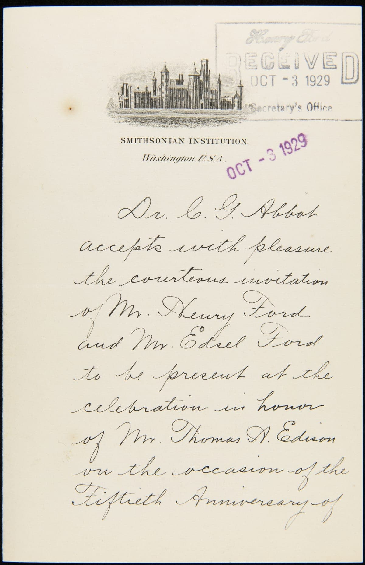 Letter from Charles Greely (C.G.) Abbot to Henry Ford and Edsel Ford regarding Invitation to Light's Golden Jubilee, October 1, 1929