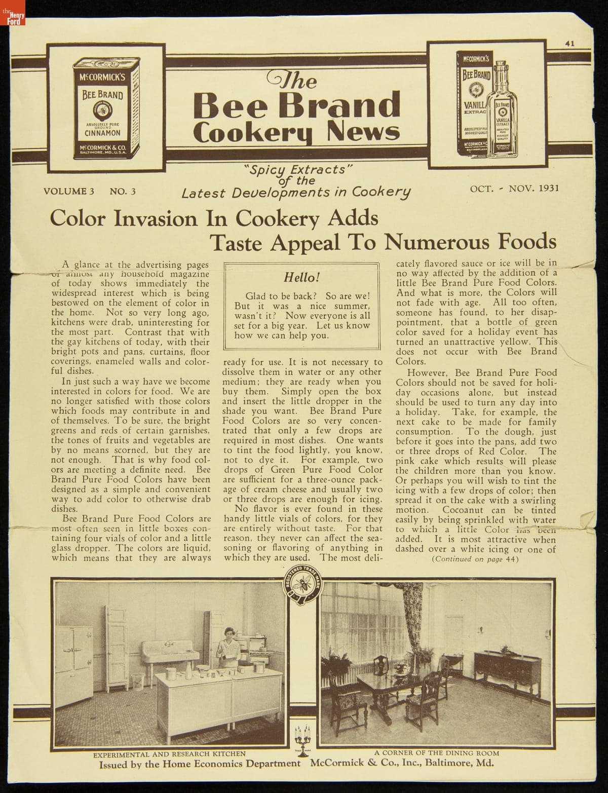 The Bee Brand Cookery News: "Spicy Extracts" of the Latest Developments in Cookery (Vol. 3, No. 1)," October - November 1931