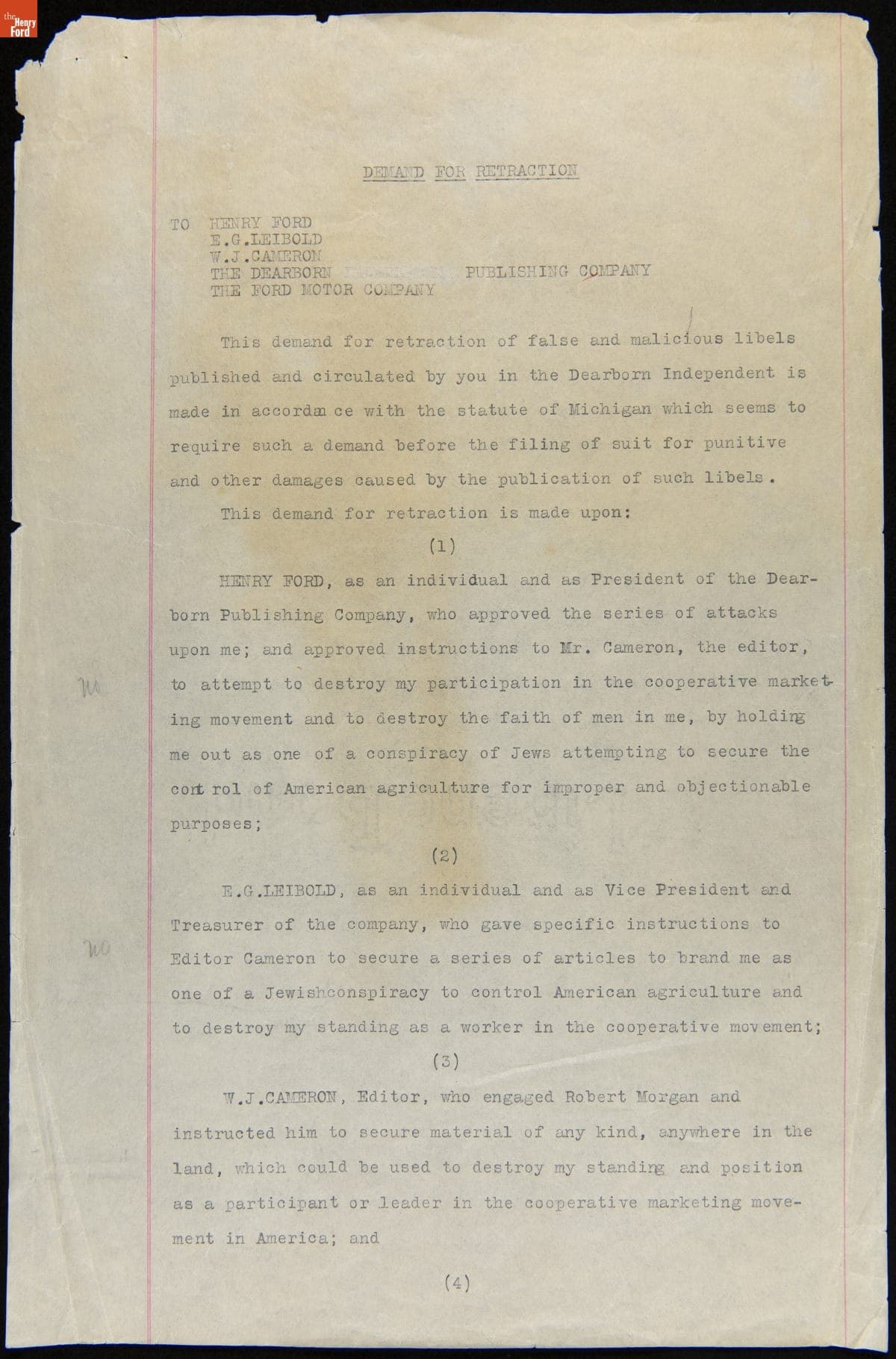 Demand for Retraction, Dated 06 January 1925, in Preparation for Henry Ford vs Aaron Sapiro Trial