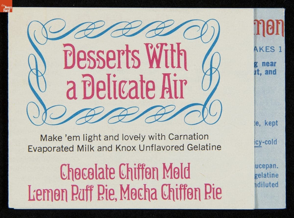 Recipe Leaflet, "Desserts with a Delicate Air," circa 1968