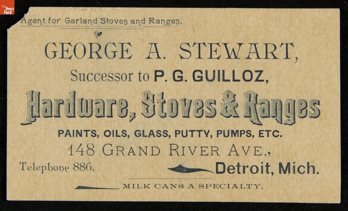 Trade Card for George A. Stewart, Seller of Hardware, Stoves and Ranges, Detroit, Michigan, 1880-1900