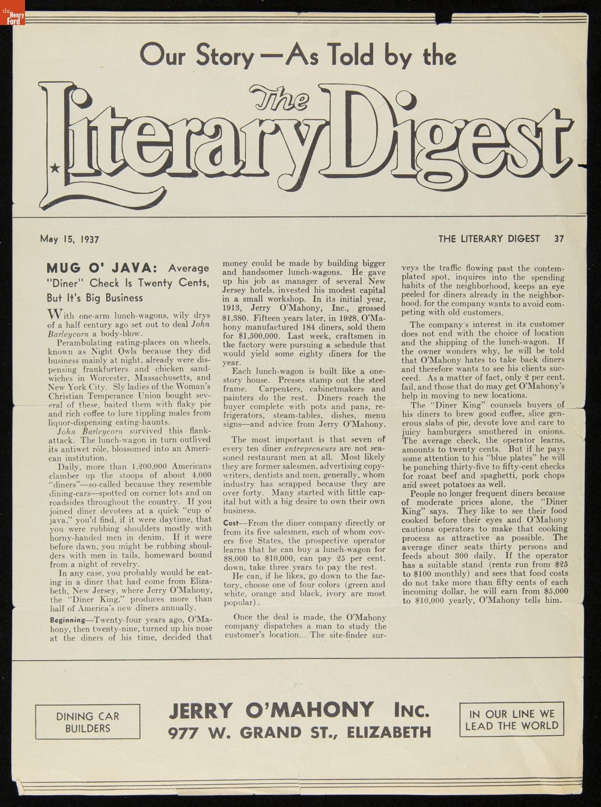 "Mug O'Java: Average 'Diner' Check Is Twenty Cents But It's Big Business" Reprinted from THe Literary Digest May 15, 1937