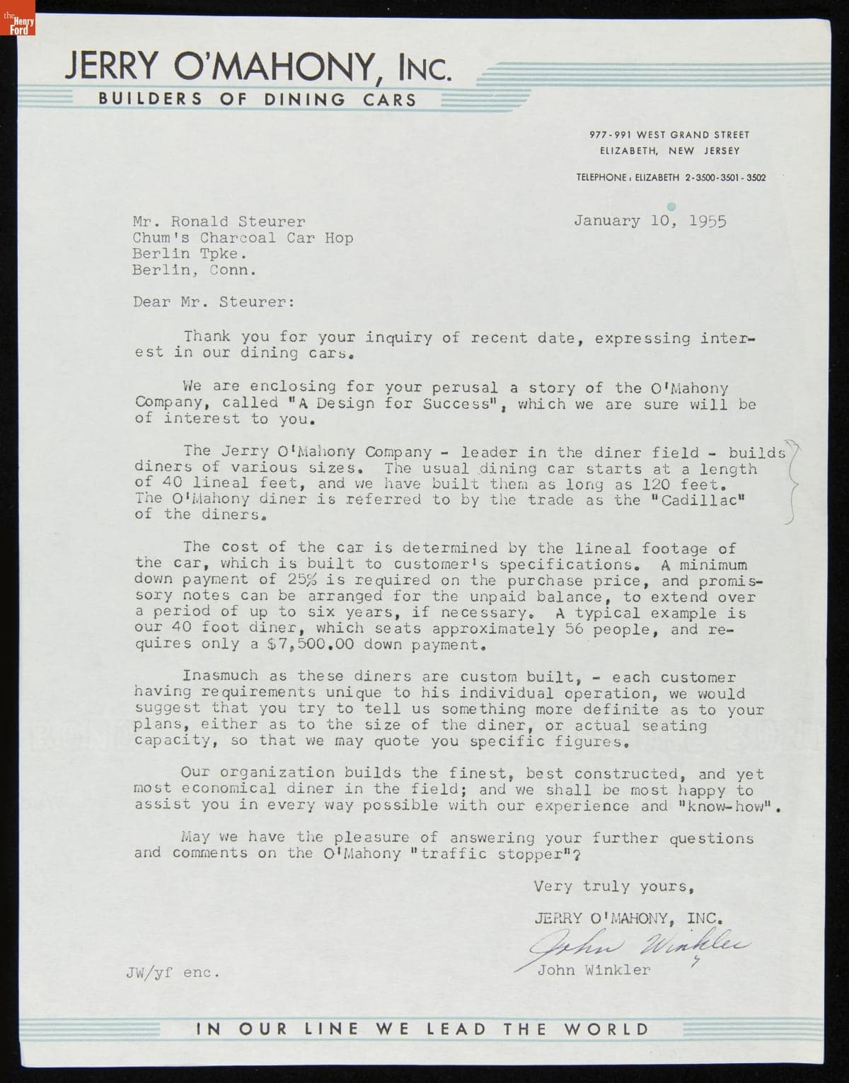 Letter from Jerry O'Mahony Diner Company to Ronald Steurer, January 10, 1955