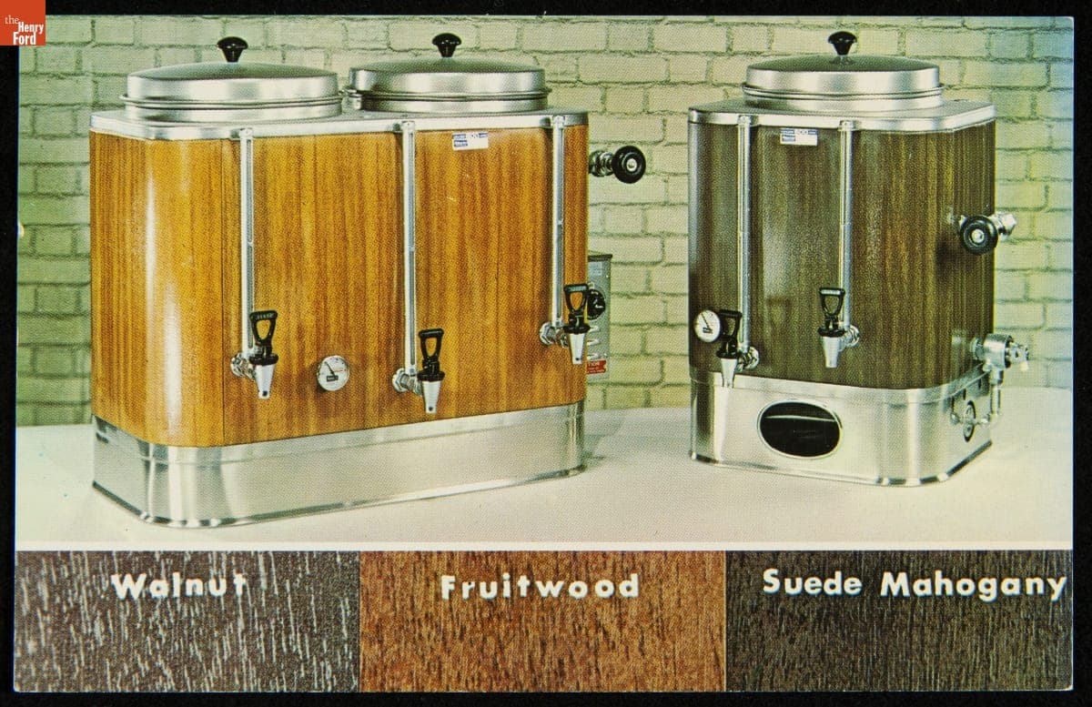 "New Wood-Grain Finish Coffee Urns by S. Blickman, Inc.," circa 1960