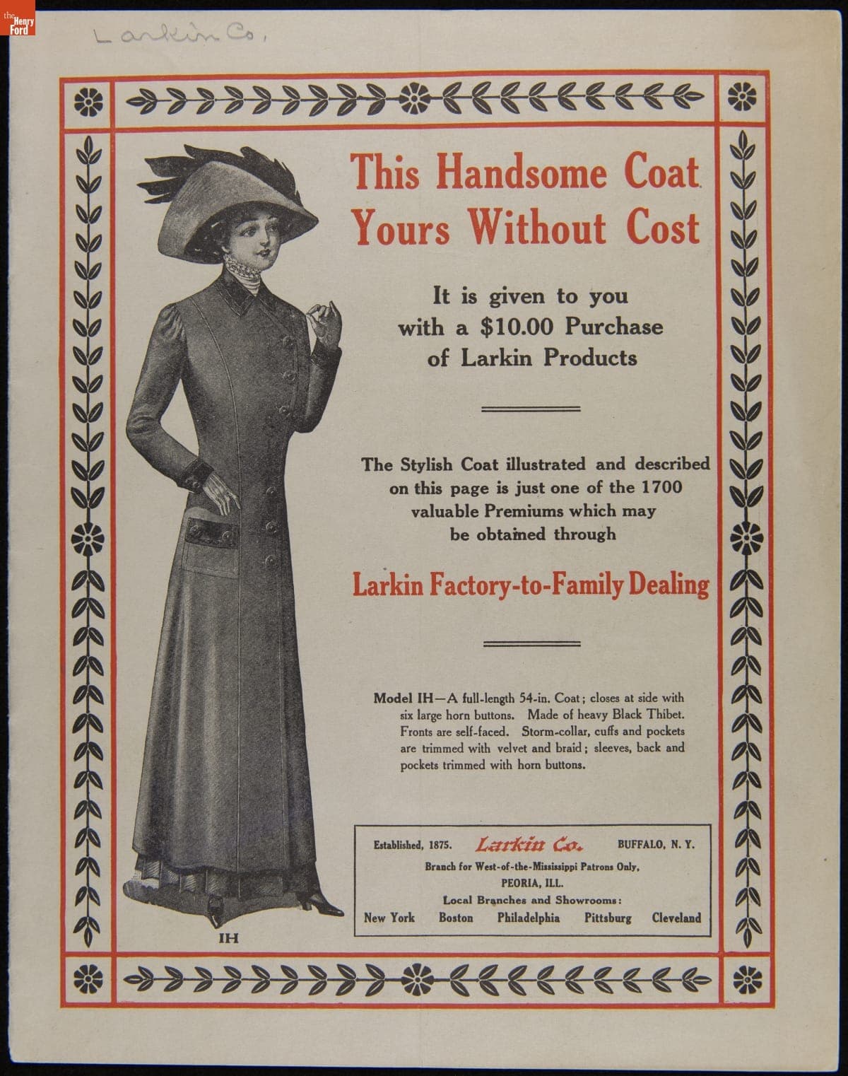 Larkin Company Trade Catalog, "This Handsome Coat, Yours Without Cost," circa 1910