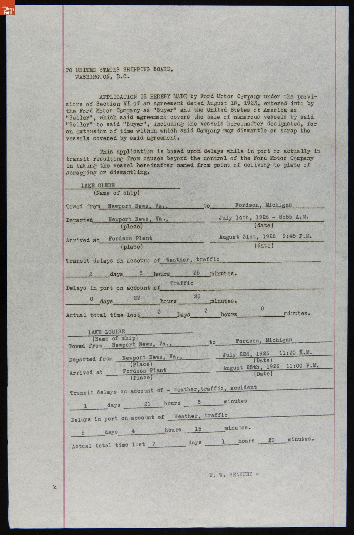 Ship Delay Report for Ford Barge "Lake Louise," circa 1926