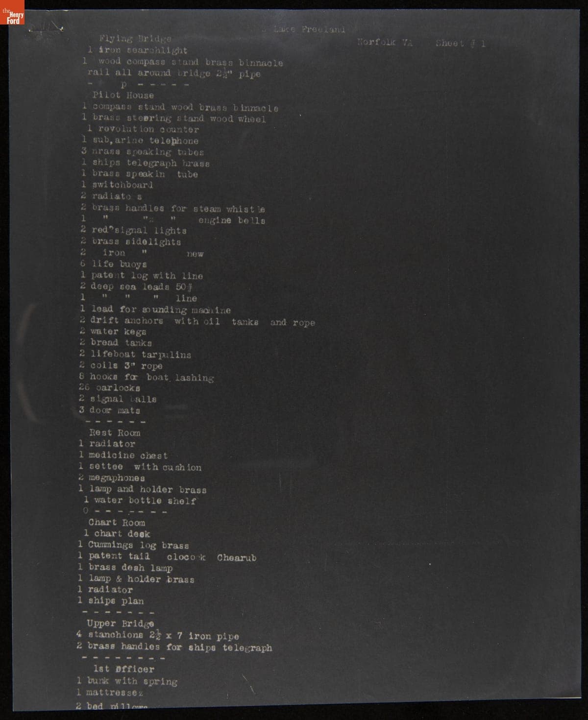 Inventory of Ford Barge "Lake Freeland," circa 1925-1926