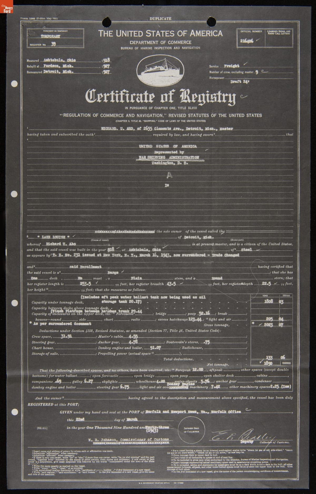 Certificate of Registry for Ford Barge "Lake Louise," Requisitioned for War Service, March 22, 1943