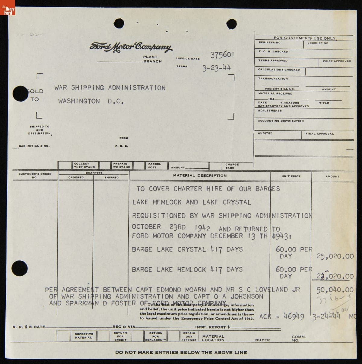 Invoice to War Shipping Administration for Use of Ford Barges "Lake Hemlock" and "Lake Crystal," March 24, 1944