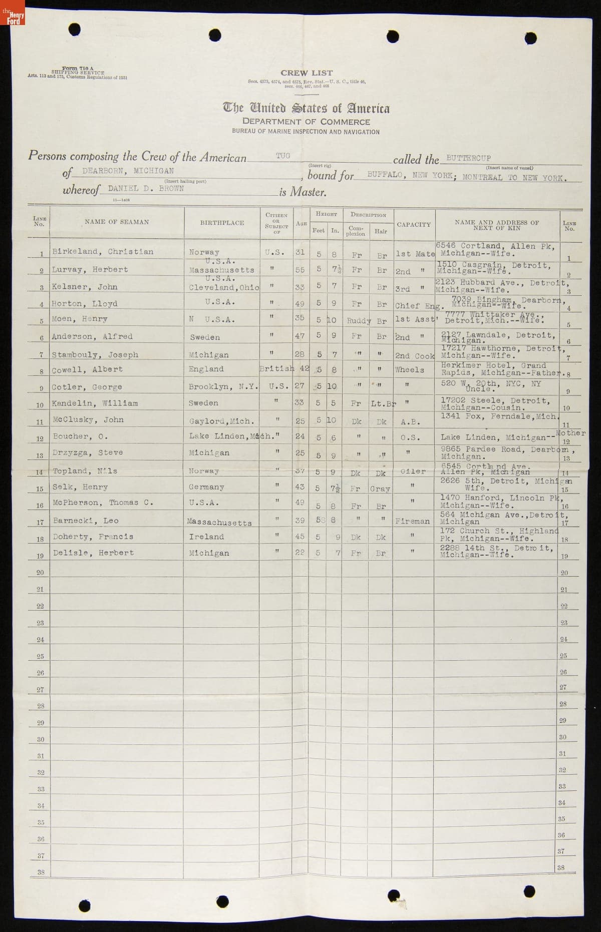 Crew List for a Trip to Buffalo, New York by Ford Tugboat "Buttercup," November 4, 1942
