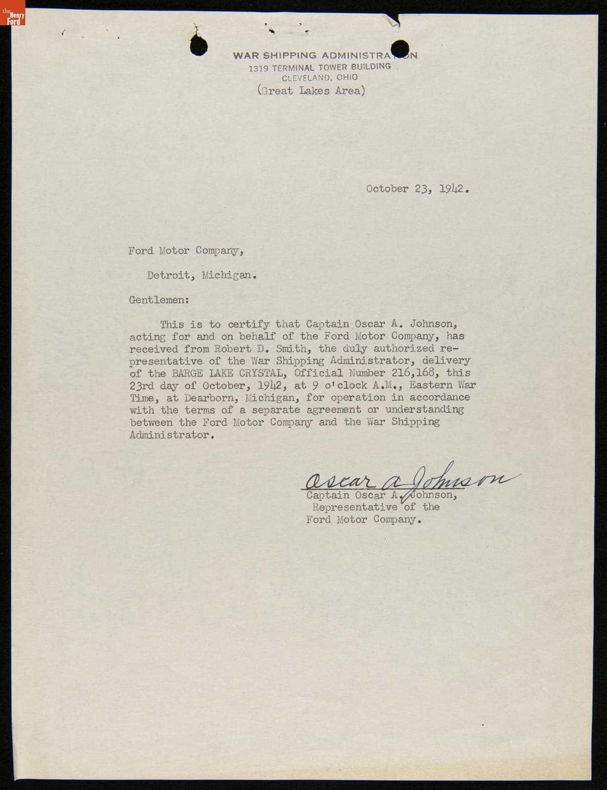 Letter Certifying Receipt by Ford Motor Company of Barge "Lake Crystal" from the War Shipping Administration, October 23, 1942