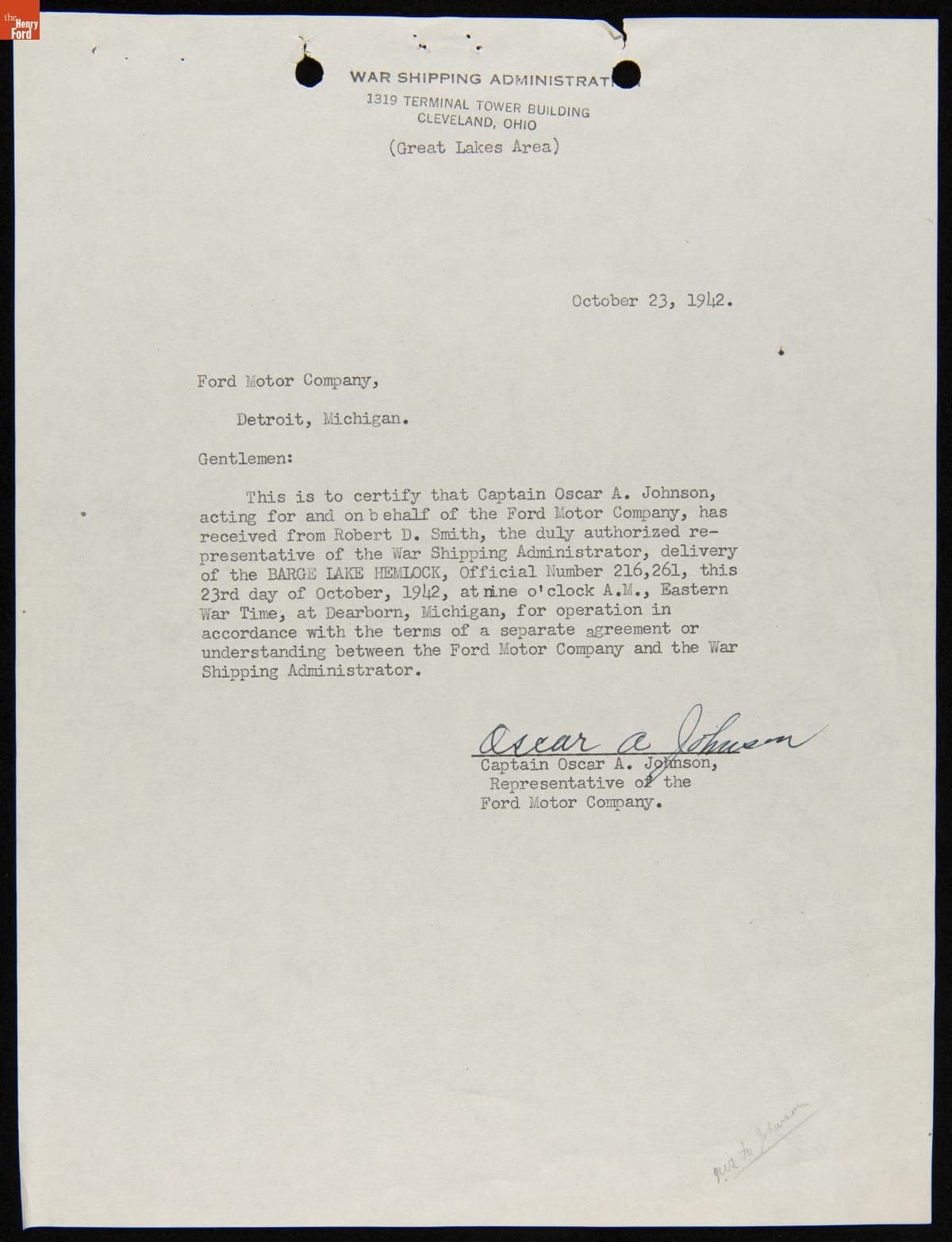 Letter Certifying Receipt by Ford Motor Company of Barge "Lake Hemlock" from the War Shipping Administration, October 23, 1942