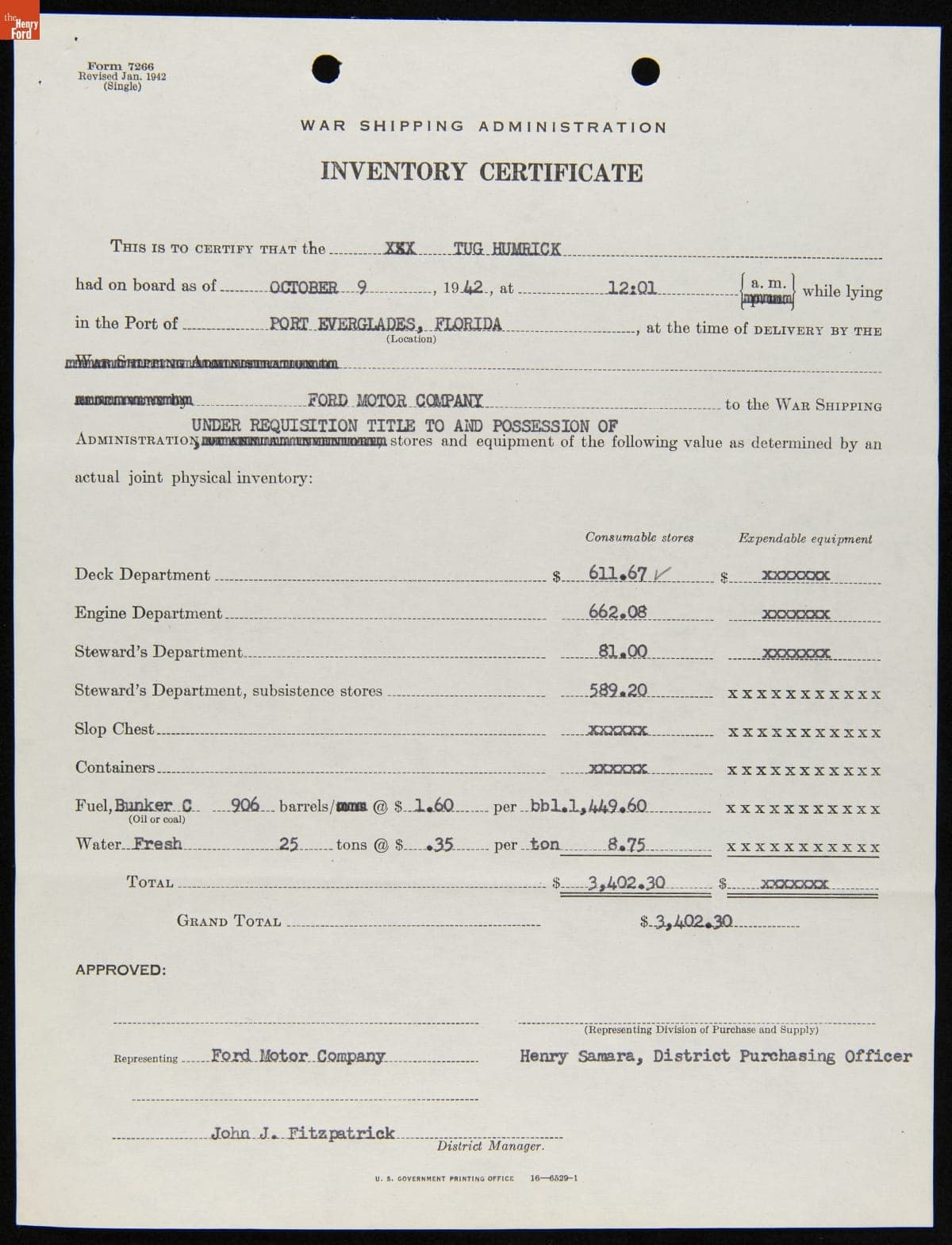 War Shipping Administration Inventory Certificate for Ford Tugboat "Humerick," October 9, 1942