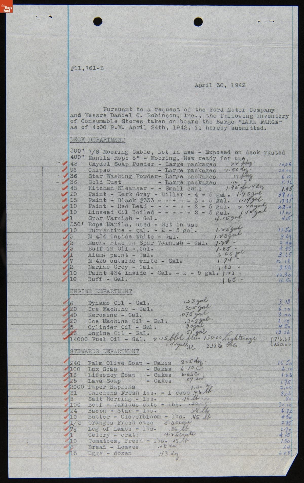 Inventory of Consumable Stores on Ford Barge "Lake Farge," April 30, 1942