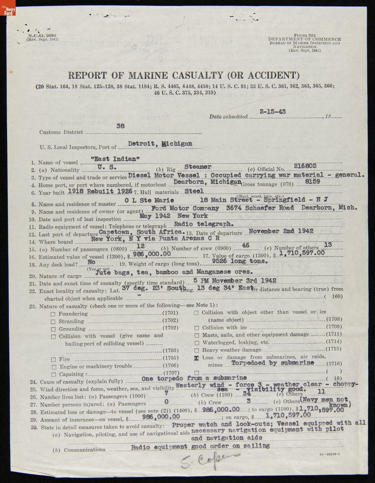 Report of Marine Casualty or Accident for Sunken Ford Freighter "East Indian," February 15, 1943