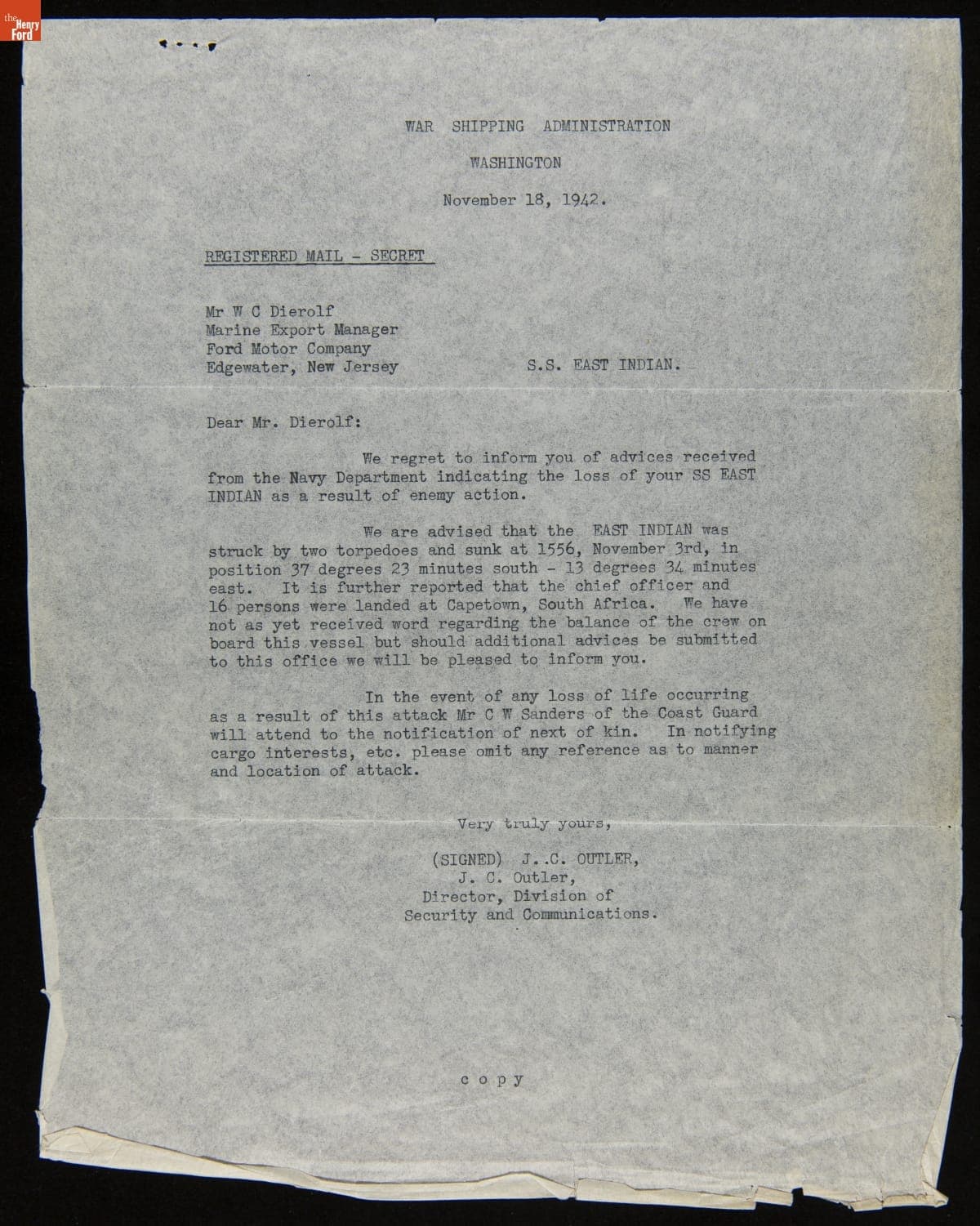 Letter to Ford Motor Company Reporting the Sinking of Ford Freighter "East Indian," November 18, 1942