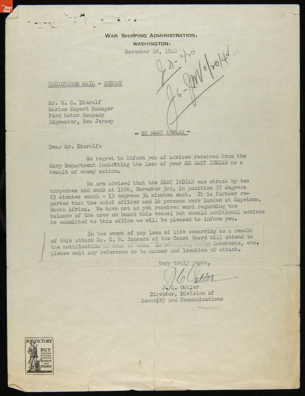 Letter regarding the Sinking of the Ford Freighter "East Indian," November 18, 1942
