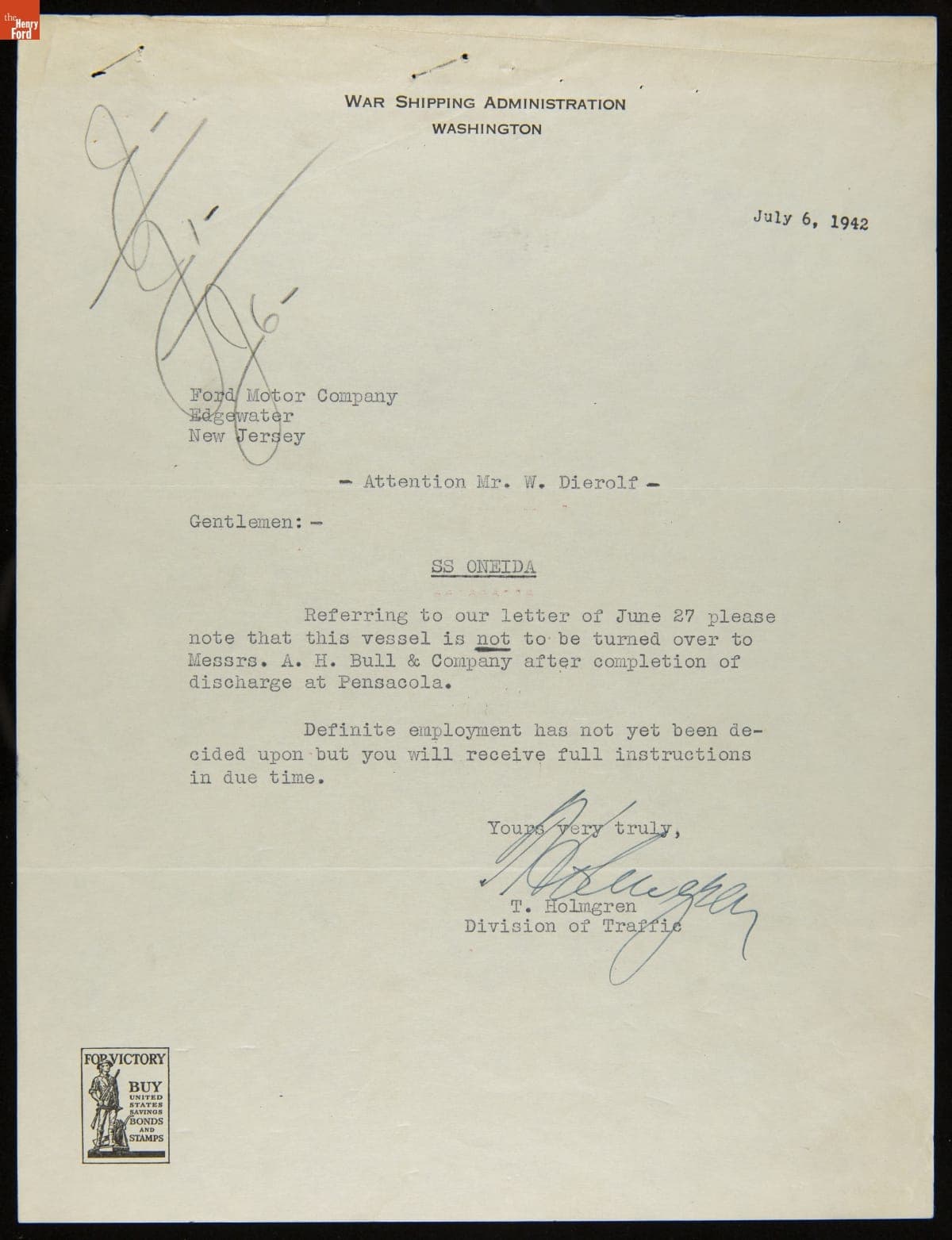 Correspondence regarding the Ford Motor Company Freighter "Oneida," 1942