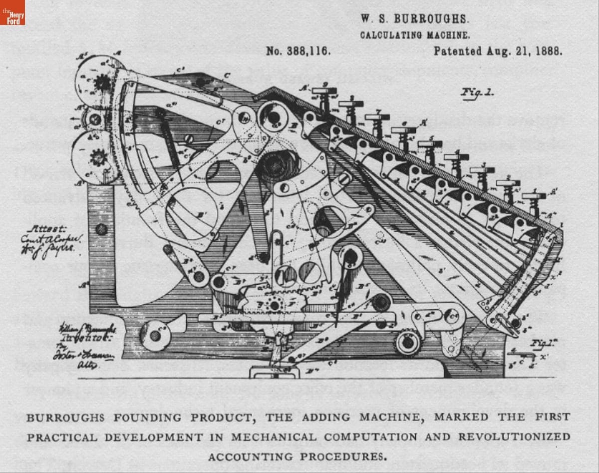 Patent Drawing for the Burroughs Calculating Machine, August 21, 1888