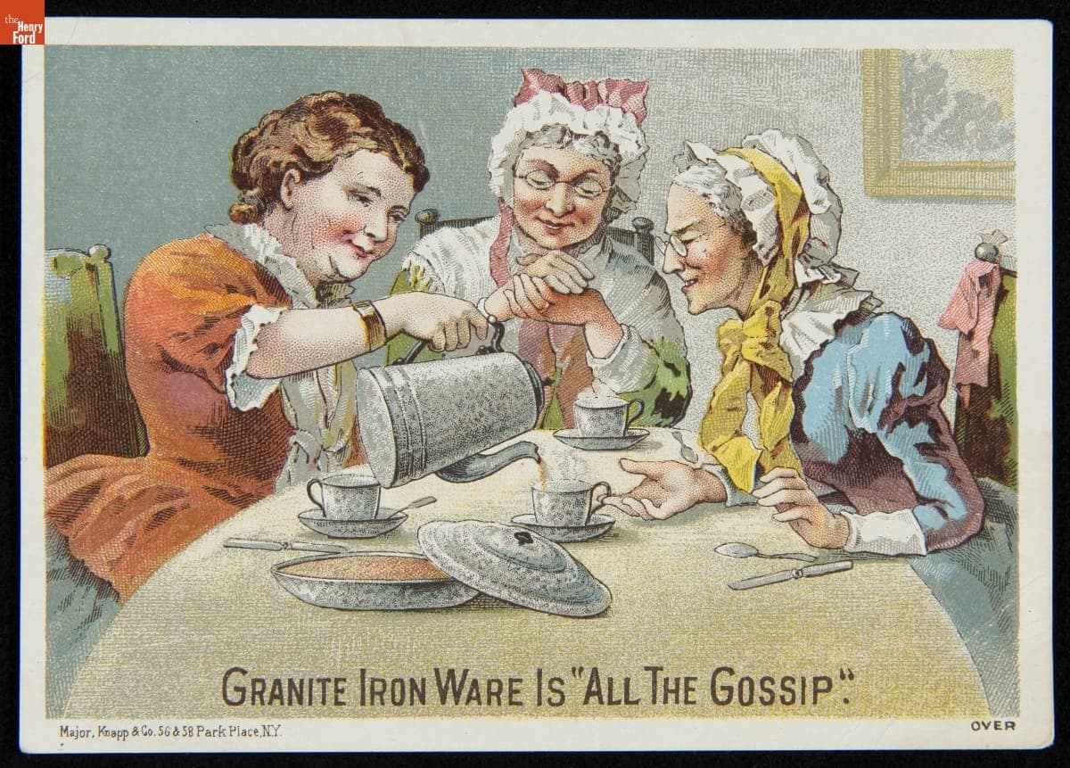Trade Card for Granite Ironware, St. Louis Stamping Co., "All the Gossip," 1875-1880