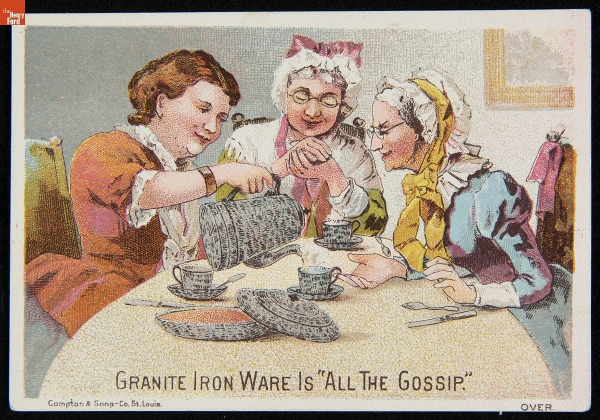 Trade Card for Granite Ironware, St. Louis Stamping Co., "All the Gossip," 1875-1880