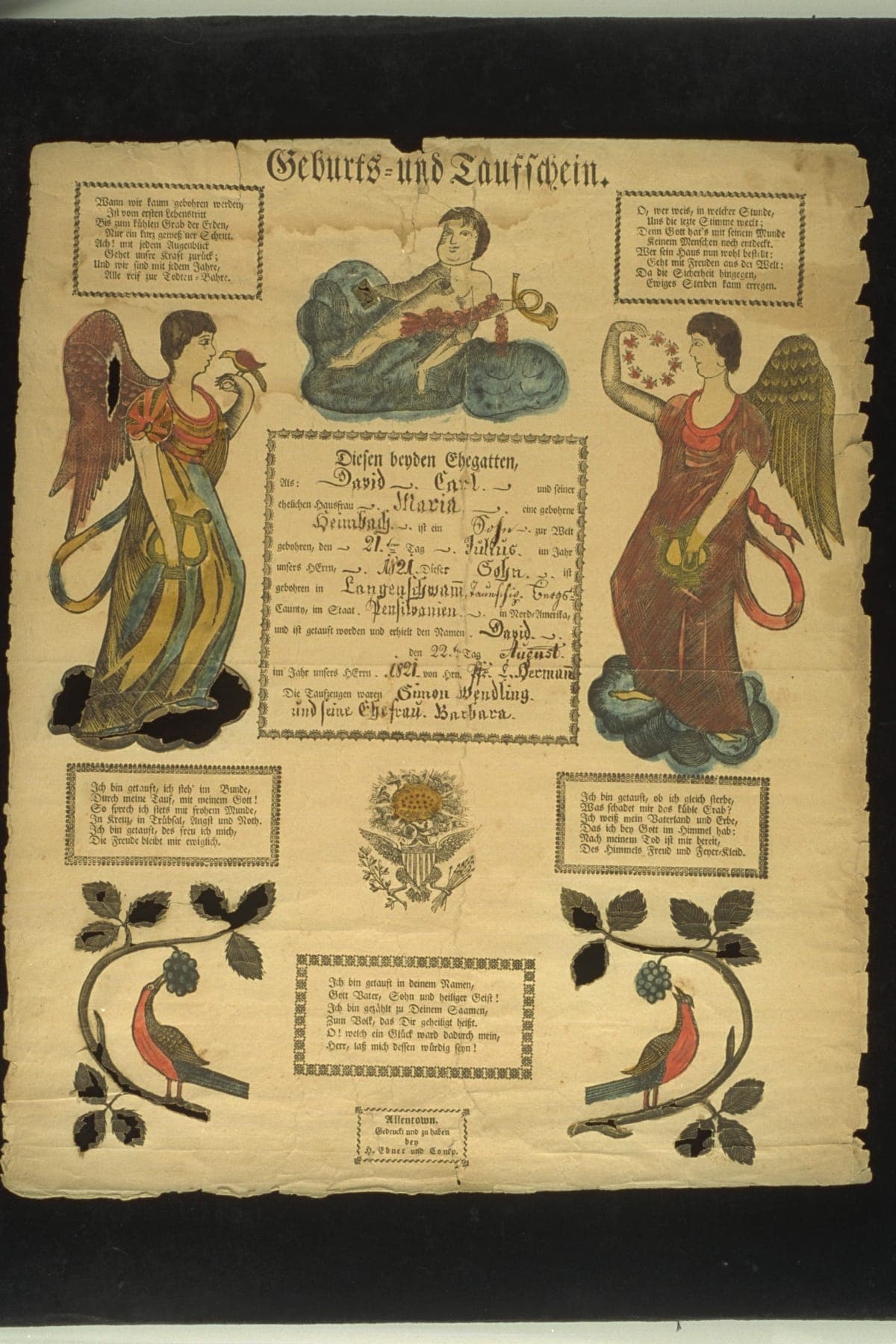 Birth and Baptismal Certificate for David Carl, 1821