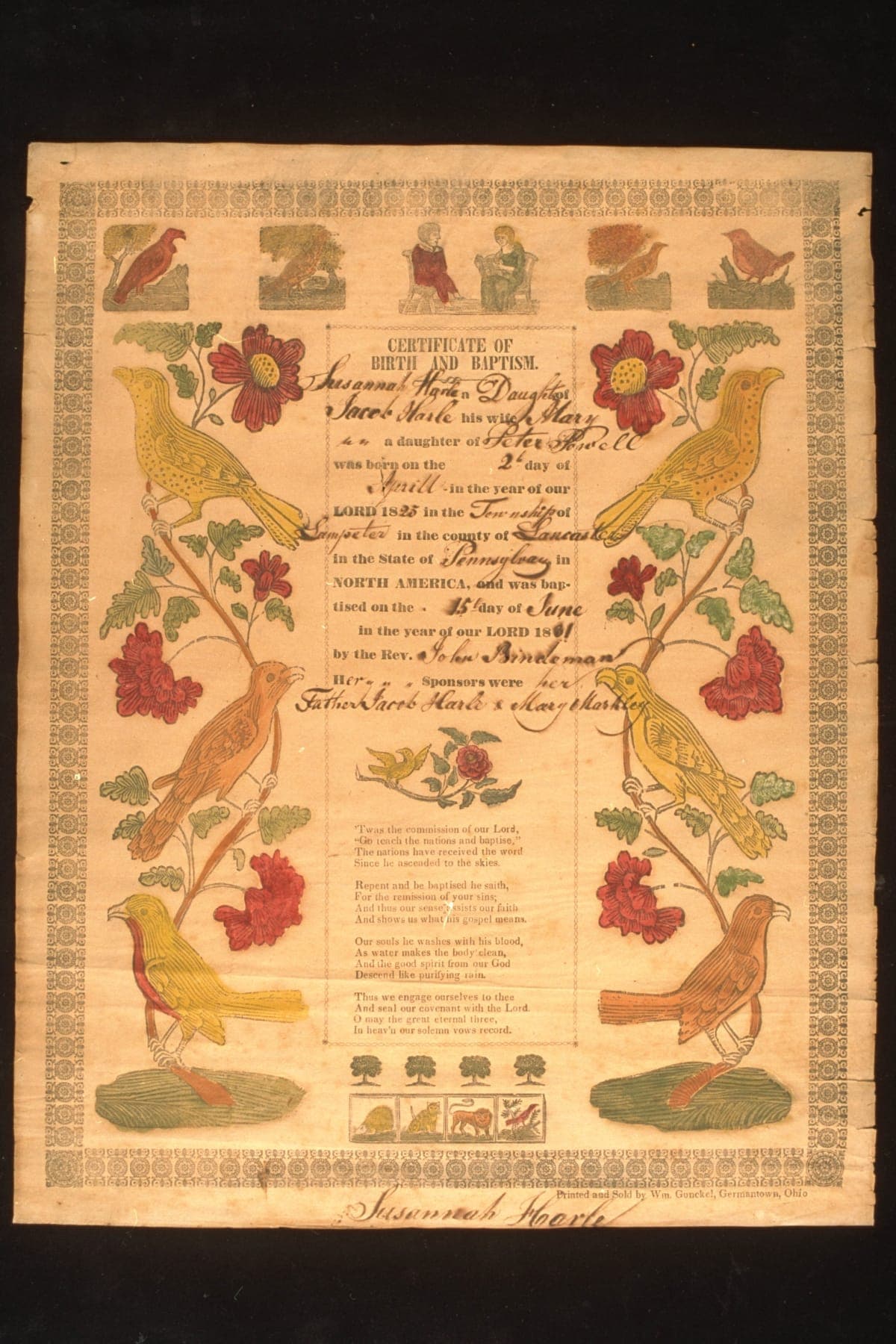 Birth and Baptismal Certificate for Susannah Harle, circa 1831