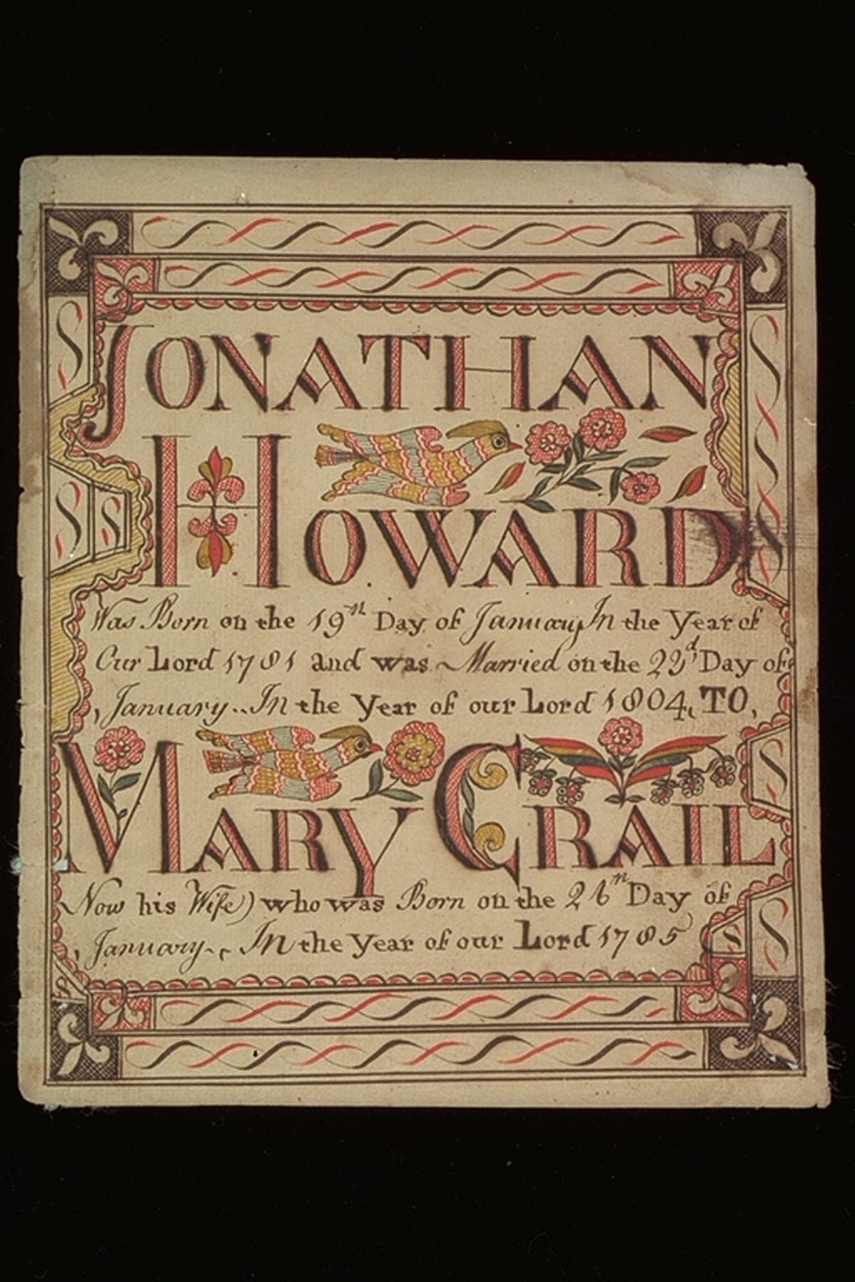 Birth and Marriage Certificate for Jonathan Howard, circa 1820