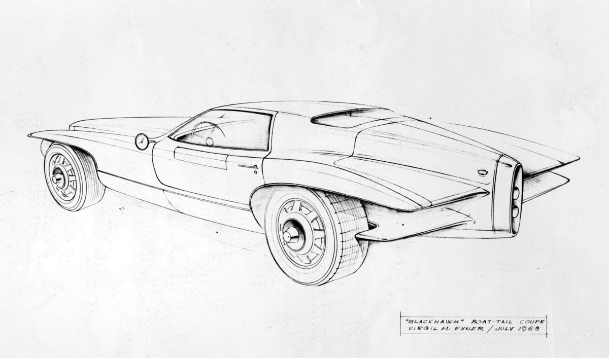 Photograph of a Drawing by Virgil M. Exner, "Blackhawk Boat-Tail Coupe," 1968
