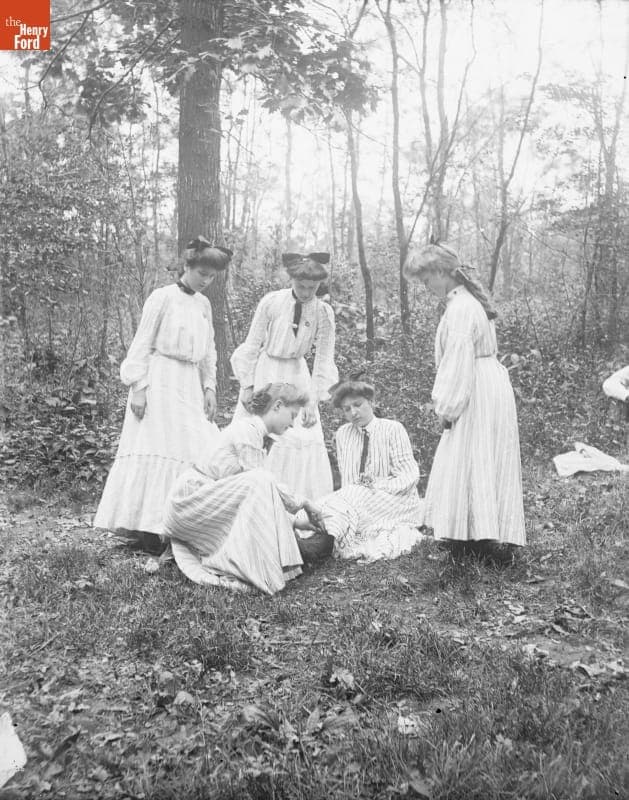 Group of Women in Forest Park, One with Injured Ankle, 1890-1915