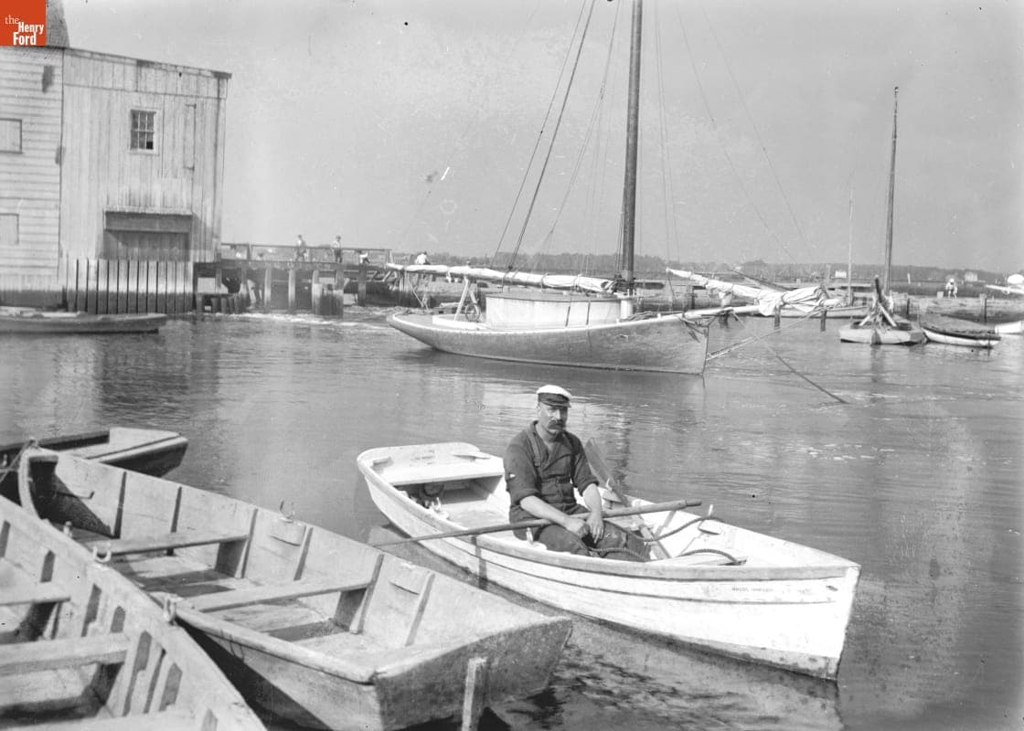 Man in Row Boat at Old Mill, 1890-1915