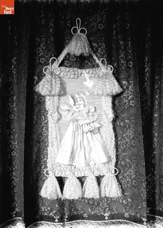 Wallhanging, Jute and Straw with Cutout of Young Girl and Birds, 1890-1915
