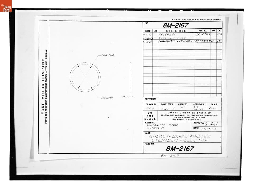 Drawing, "Gasket - Brake Master Cylinder Filler Cap," Ford Automobile, December 22, 1953