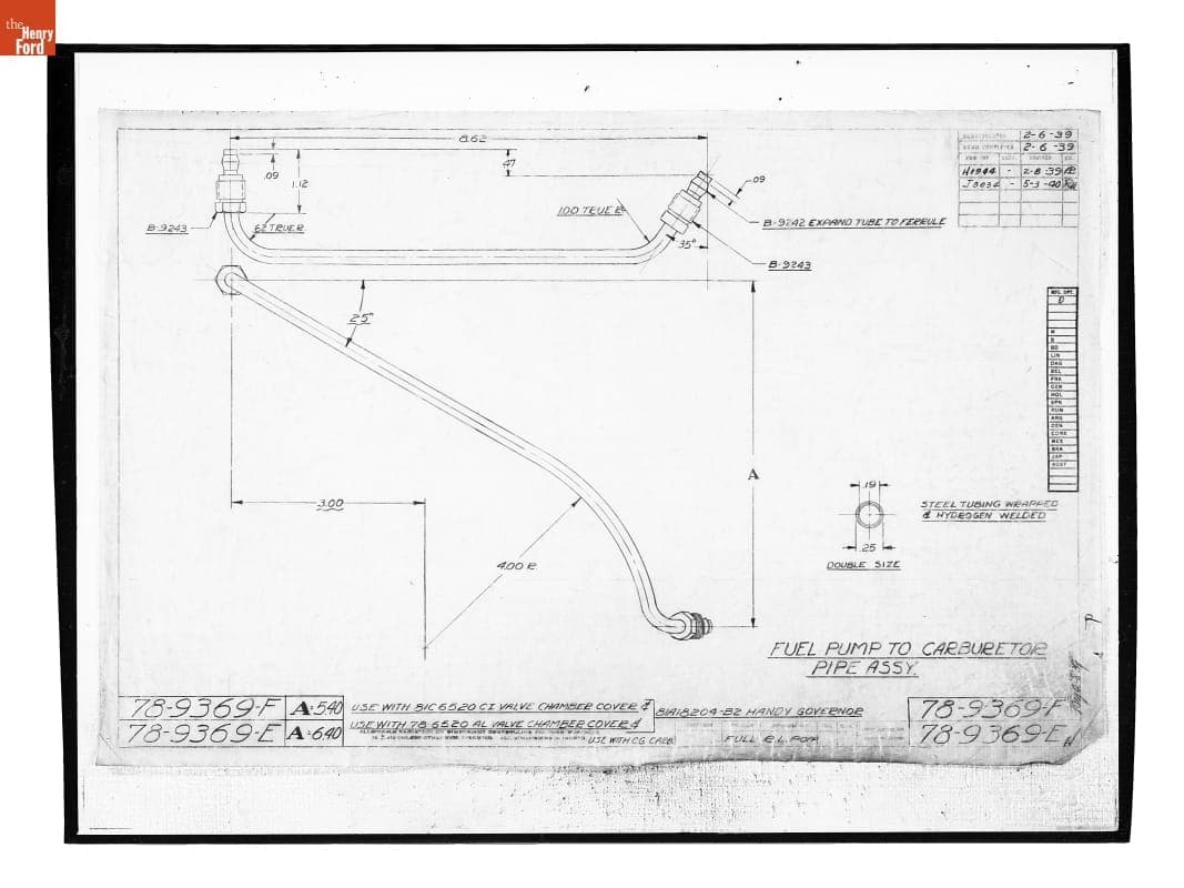 Drawing, "Fuel Pump to Carburetor Pipe Assy.," Ford Automobile, May 3, 1940