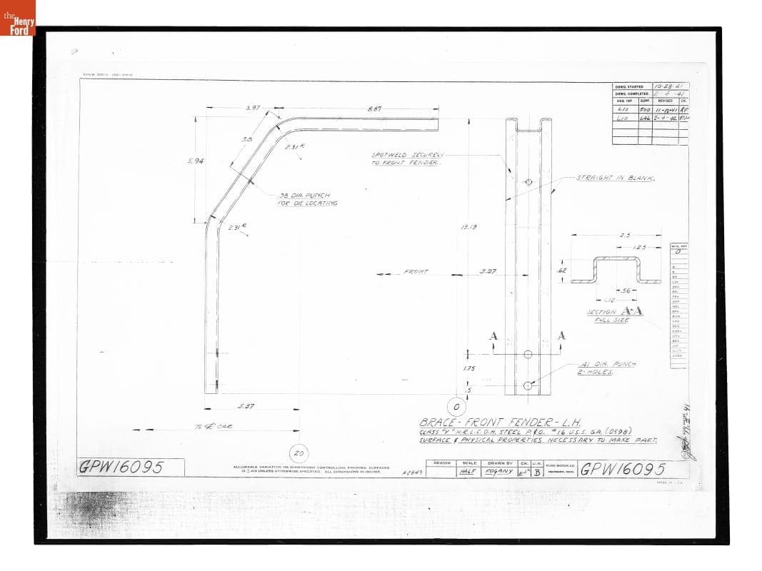 Drawing, "Brace - Front Fender - L.H.," Ford GPW, February 4, 1942