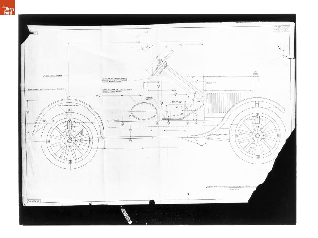 Drawing, "Sketch Showing Important Dimensions on Chassis for Body Designing - R.H. & L.H. Control, Side View," Ford Model T, July 1926