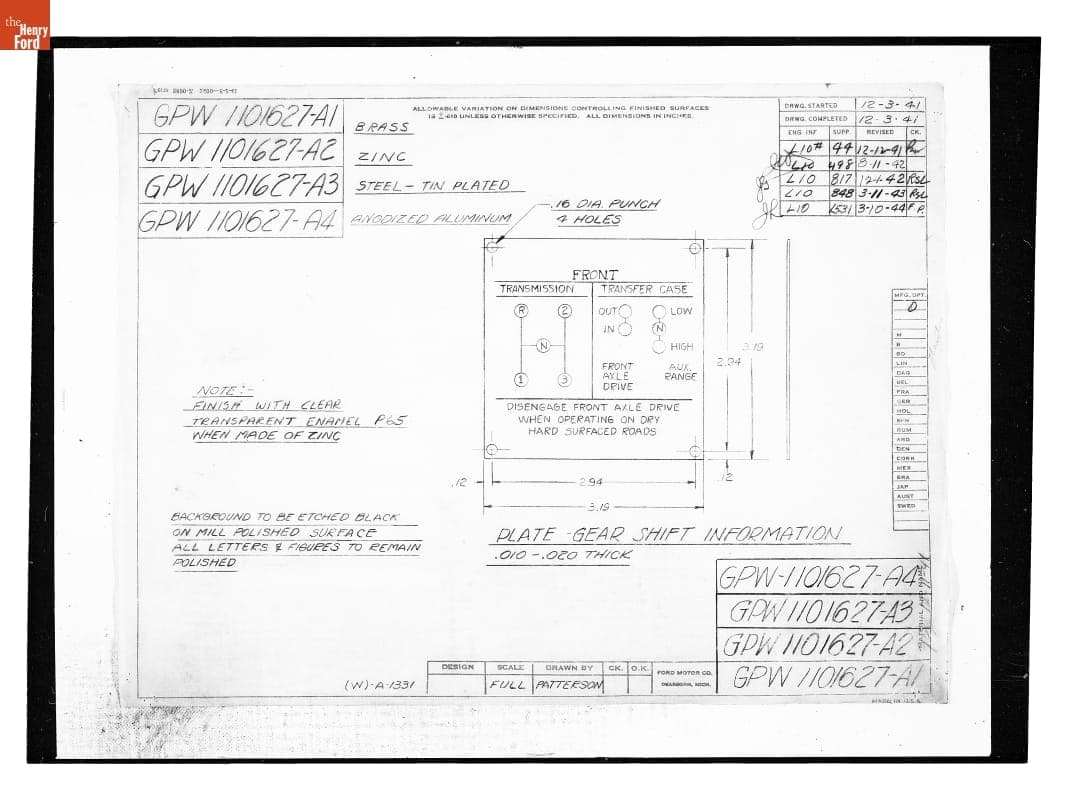 Drawing, "Plate - Gear Shift Information," Ford GPW, March 10, 1944