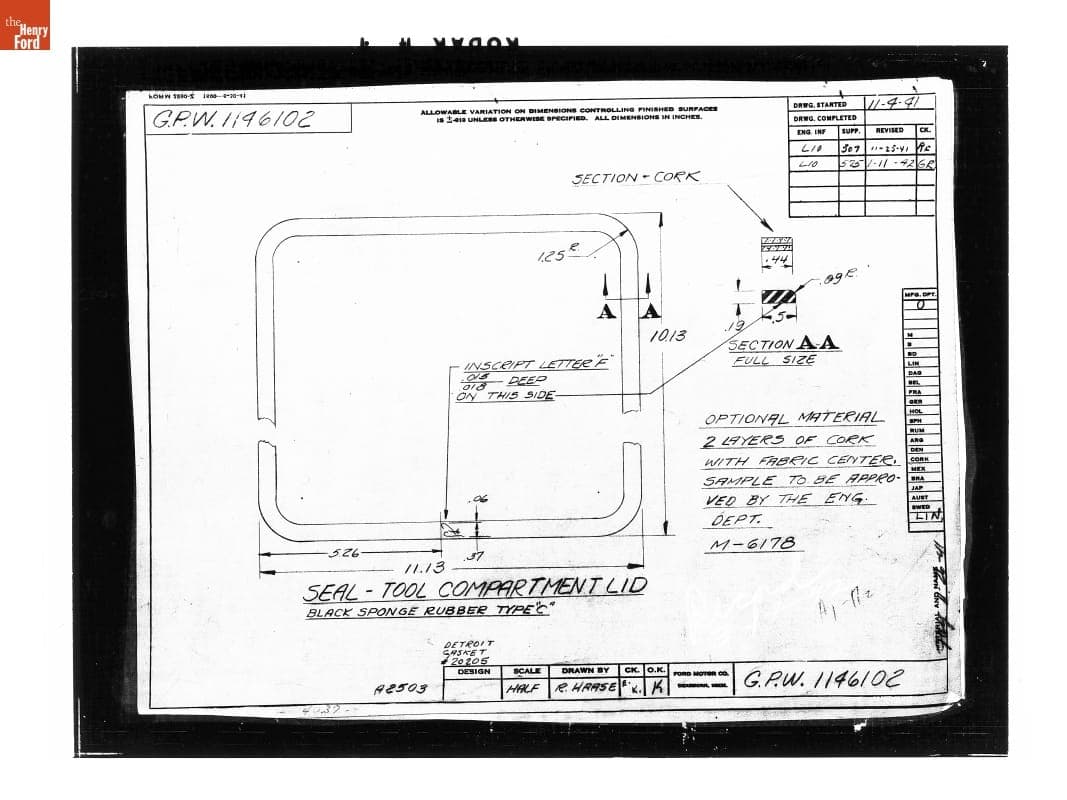 Drawing, "Seal - Tool Compartment Lid," Ford GPW, January 11, 1942
