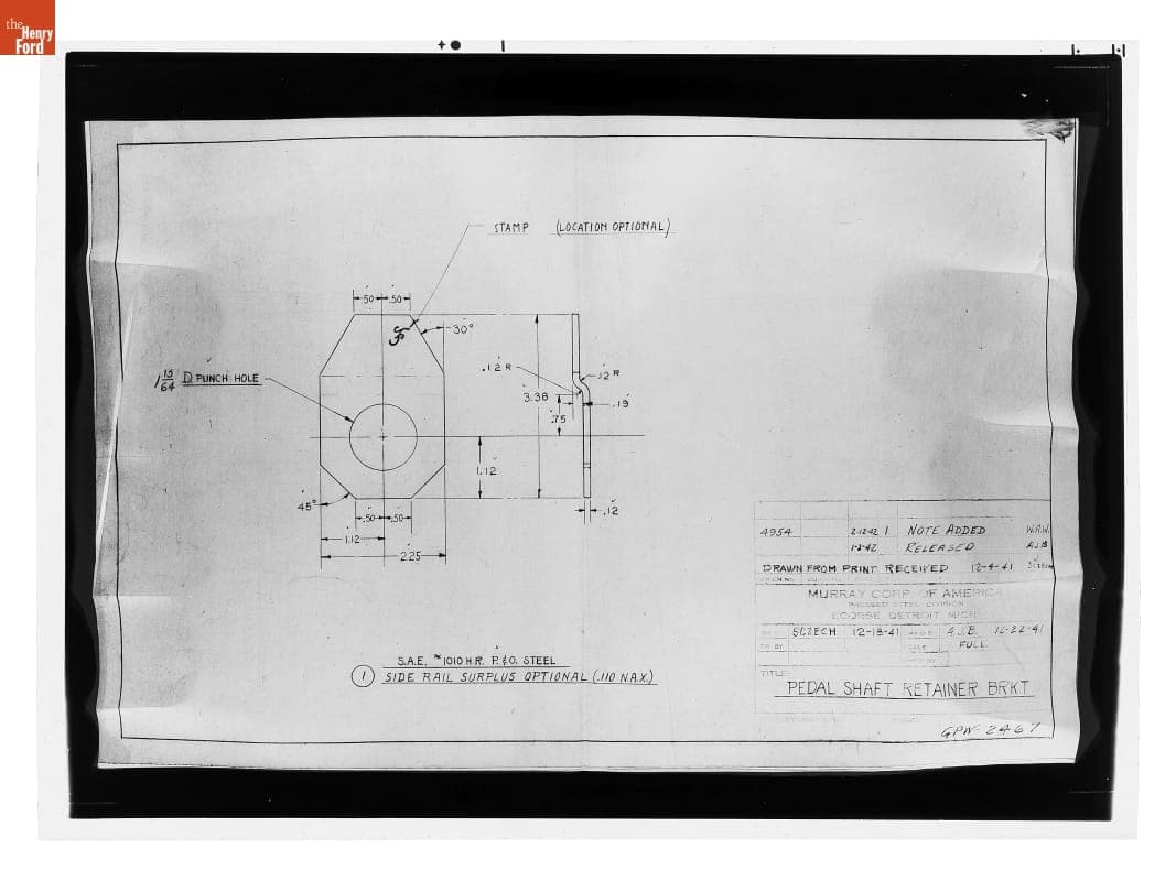 Drawing, "Pedal Shaft Retainer Brkt," Ford GPW, February 12, 1942